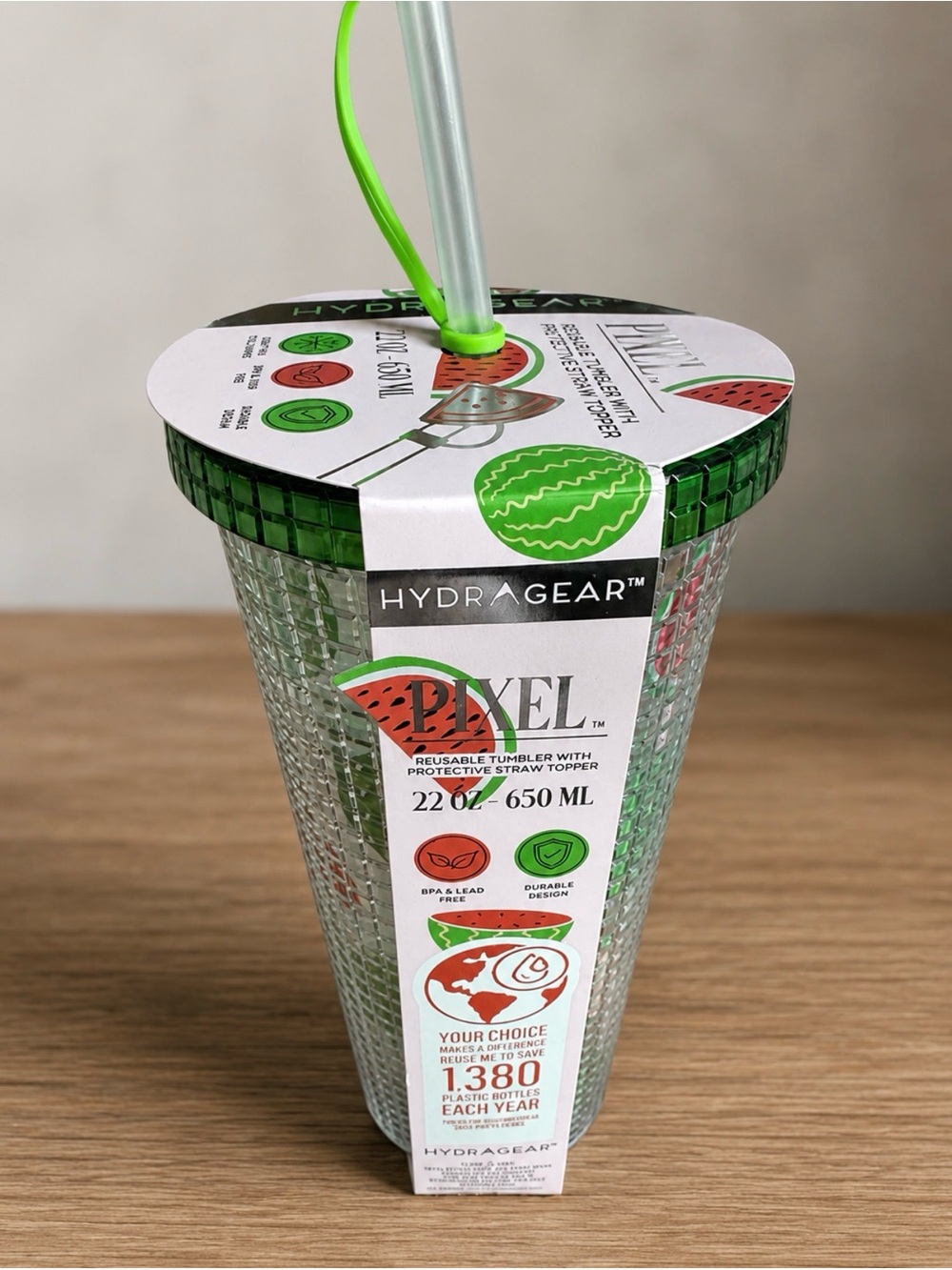 Hydragear 22 oz Watermelon Pixel Reusable Tumbler in Green and Clear